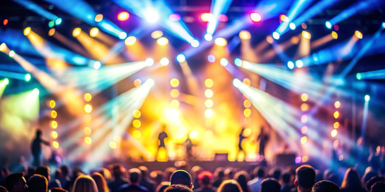 Texture blur and defocus, background for design. Stage light at a concert show. Artists perform on scene in light and smoke.